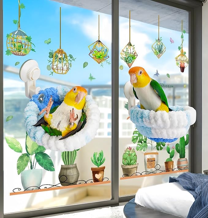 Warm Bird Nest Bed with Suction Cup Bird Snuggle Hut Breeding Bird House Plush Hanging Bird Bed for Parakeet, Conure, Budgie, Cockatiel, Lovebird, Finch, Hamster-Blue
