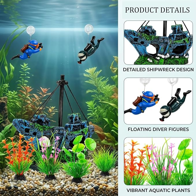 7 Pcs Aquarium Decor Set, Shipwreck Decoration Little Diver Floating Fish Tank Decoration Fish Tank Plants for Small Tank Driftwood Betta, Guppy & Shrimp