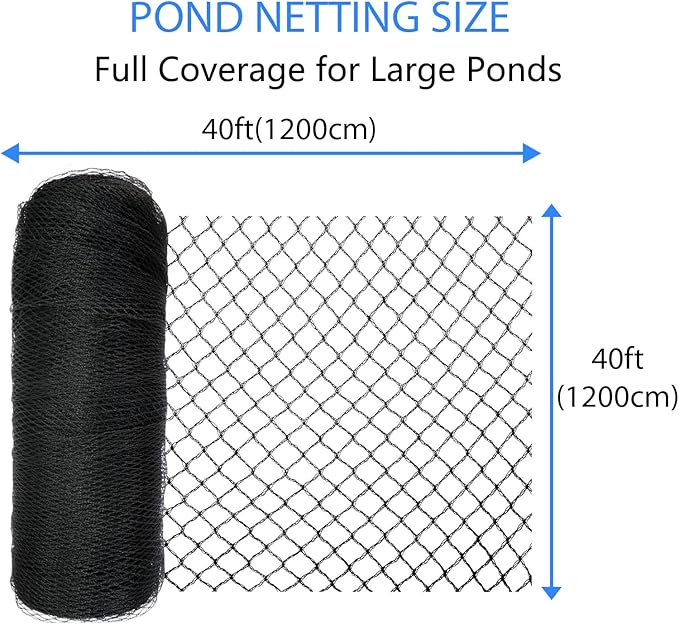 Koi Pond Netting Kit 40 x 40 FT, 3/8" Heavy Duty Woven Mesh Pond Net Cover for Leaves with 12 Stakes, HDPE Pool Netting Protecting Fish from Herons Birds Cats, Black