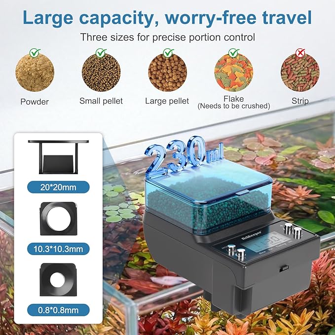 fishkeeper Automatic Fish Feeder Rechargeable, 3 Feeding Modes USB Aquarium Auto Dispenser for Pellets Flakes Powder, with Lithium Battery LCD Screen for Vacation Betta Turtle - Memory Function