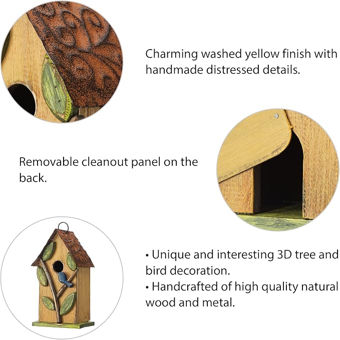 Glitzhome Birdhouse for Outdoor Hanging, 9.7" H Patio Garden Pet Cottage Distressed Decorative Birdhouse Wooden Bird House for Bluebird Wren Sparrow Finch Cardinal, Leaves Rustic Yellow