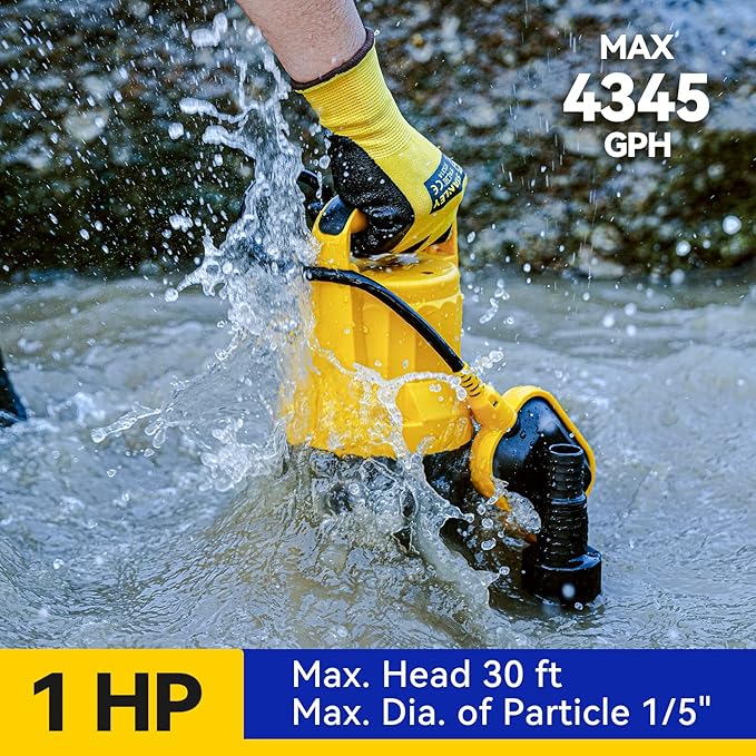 Acquaer 1HP Sump Pump Submersible 4345GPH Water Pump with Automatic Float Switch for Water Removal in Hot Tubs, Pools, Basements, and Garden Ponds