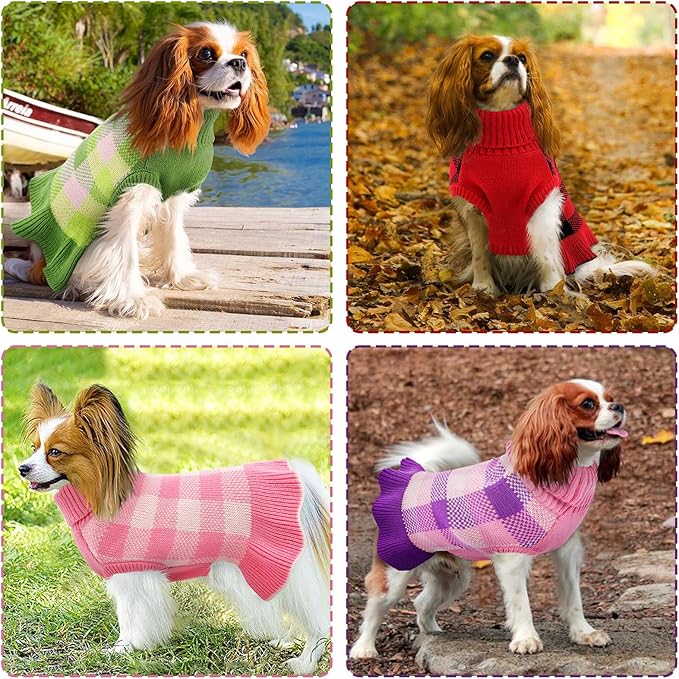 Dog Sweater Dress Plaid Knitwear for Small Medium Dogs Warm Puppy Pet Turtleneck Stretch Pullover Cute Fall Winter Vest Clothes with Leash Hole for Christmas (Red, S)