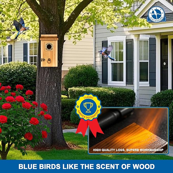 SISTERBIRD Premium Pack of 2 Bluebird Houses for Outside, Garden Bird Houses for Outdoor, Vintage Metal Predator Guard, Birdhouse Gift, Weatherproof Coating Bird Nesting, Assembly Required