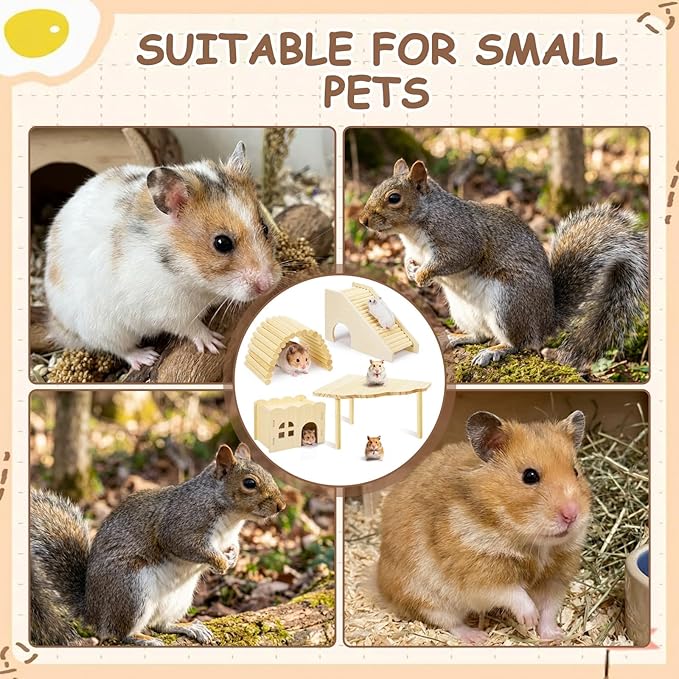 BreezeHug 4 Pcs Hamster Platform Hideout Wooden Tunnel Ladder Playhouse Hamster Game Climbing Toy with Platform Cage Accessories for Pets Dwarf Syrian Mice Degus Gerbils Squirrel(Wave)