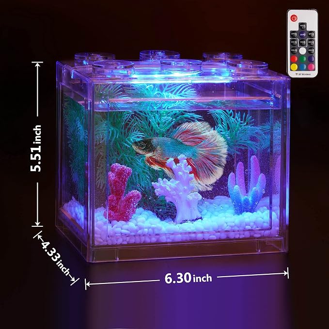 Oltraman Small Betta Fish Tank, Aquarium Tank Kit with LED Lighting, 0.6 Gallon Stackable Fighting Fish Tank Set, Fish Bowl Accessories for Turtle Reptile Shrimp Crab Insects as Decoration