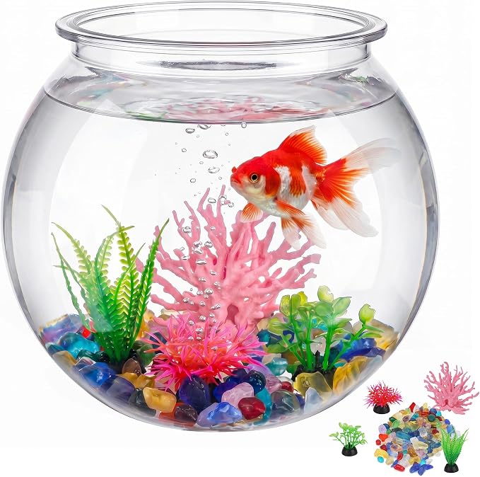 1 Gallon Clear Plastic Fish Bowl Set, Shatterproof Round Aquarium with Colorful Pebbles, 3 Artificial Plants and PVC Coral, Small Betta Fish Tank for Desk, Shelf, Home Decoration