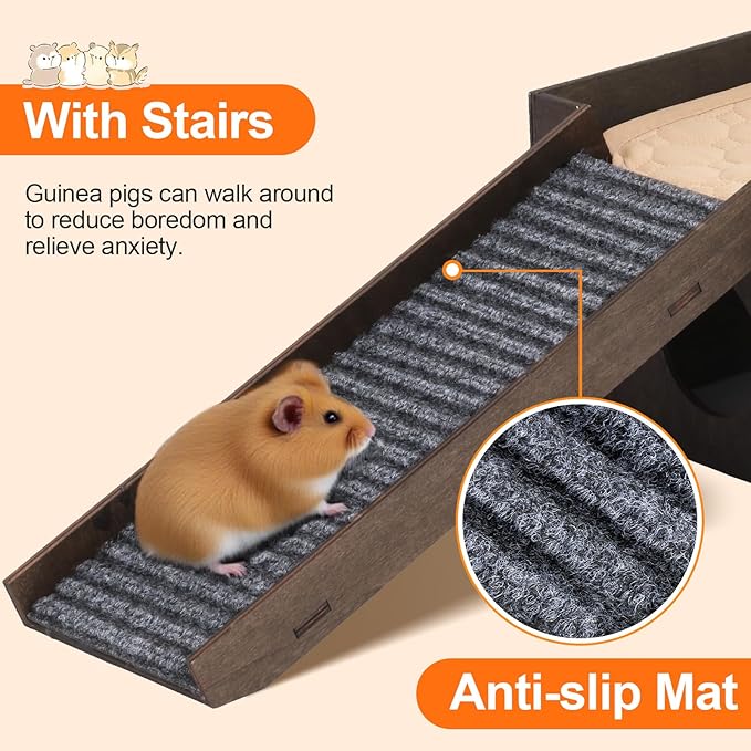Large Bunny House with Stair, Wooden Bunny Castle Rabbit Hideout, Chinchilla and Guinea Pigs Hut Hideouts, Sturdy Rabbit Cage Hamster Hideout Bed Hutch（Excluding String Lights）