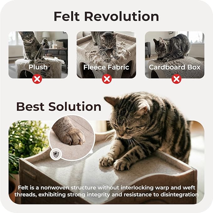 Apasiri Cat Bed Cave for Indoor Cats: New Felt Cat Bed with Fluffy Ball Hanging, Foldable Cat House with Scratch-Resistant Board, Hideaway Cat Cave for Timid Cats, Sturdy Two-Tier Cat Condo - Gray