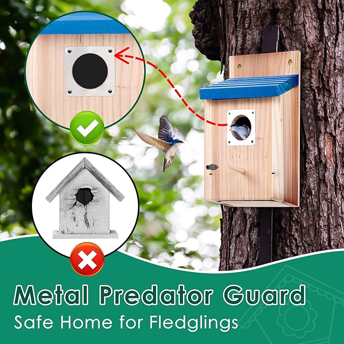 Dreyoo Cedar Bluebird Box Houses for Outside, 1-1/2'' Entrance Hole Wooden Bird Houses with Metal Guard, Secure Latch, Fledgling Grooves, Air Vents for Bluebird Wren Swallow (2 Pack)