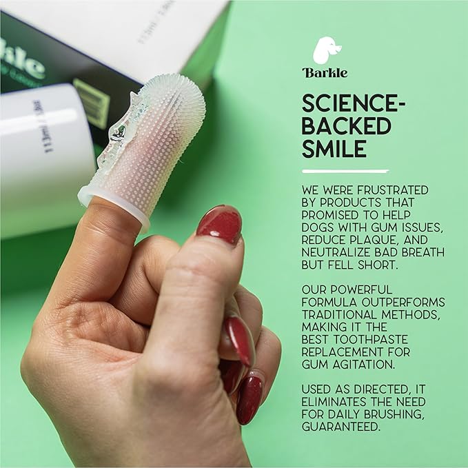 Barkle Vet Reviewed Dog Teeth Cleaning Gel Kit | Eliminate Plaque, Tartar & Bad Breath | Mint Dog Breath Freshener Gel | Puppy & Small Breed Safe | Free Finger Cot Brush (Tube is a 60 Day Supply)