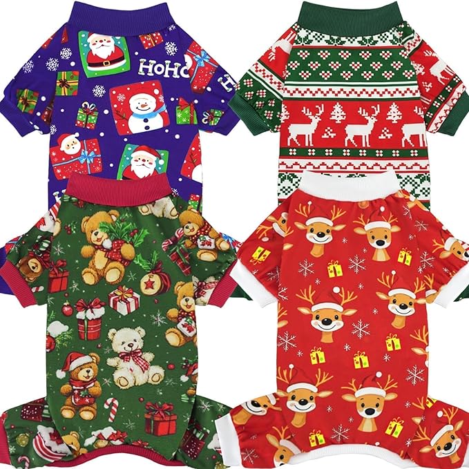 Xpudac 4 Pack Dog Christmas Pajamas Reindeer Puppy Clothes Cute Santa Claus Dog Pajamas Costumes Outfit Red Green 2XL