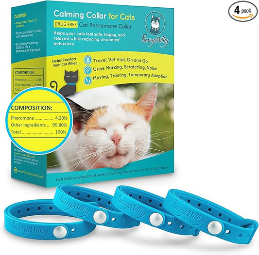 Calming Collar for Cats - Cat Collar Infused with Synthetic Pheromones - Cat Pheromone Diffuser Necklace for Anxiety Relief, Travel, Keeping Kitty Quiet - 4 Weeks Supply Each Collar (Blue, 4P)