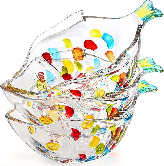 3 Pack Hand Painted Colorful Glass Crystal Bowl, 12 OZ Cute Fish Shaped Bowl, Decorative Serving Dish for Salad, Fruit, Snack, Dessert, Candy, Nuts