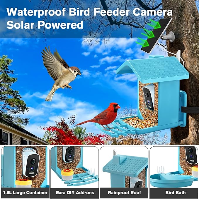 Smart Bird Feeder with Camera Solar Powered, AI Birds Species Identification, 2.5K HD Video Bird House with Camera for Outside, Weatherproof Design Ideal Gifts for Christmas, Bird Lovers, Blue