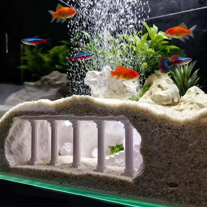 LIYAOLI Aquarium Ornaments Cave Tunnel with Viewing Ports | Fish Tank Decor Hideout for Pleco, Shrimp & Corydoras | Substrate-Friendly Design & Sinking Base (M - Roman Columns - White)