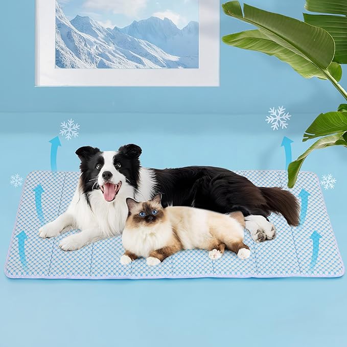 Cooling Dog Mat Q-Max>0.5 - Rapid Cooling Tech, Thin Breathable Crate Pad, Portable Washable Summer Mat, Chill Soothing Fabric - 47"x29" Extra Large Dog, Blue