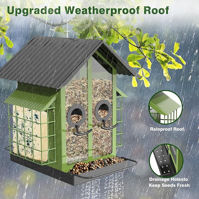 FlowaFoli Bird Feeders for Outdoors, Metal Bird Feeder with Double Suet Cage Weatherproof Metal Roof, 2 in 1 Mixed Seeds Suet Feeder, 4Lbs Large Capacity, Great for Finch、Cardinal、Chickadee（Green）