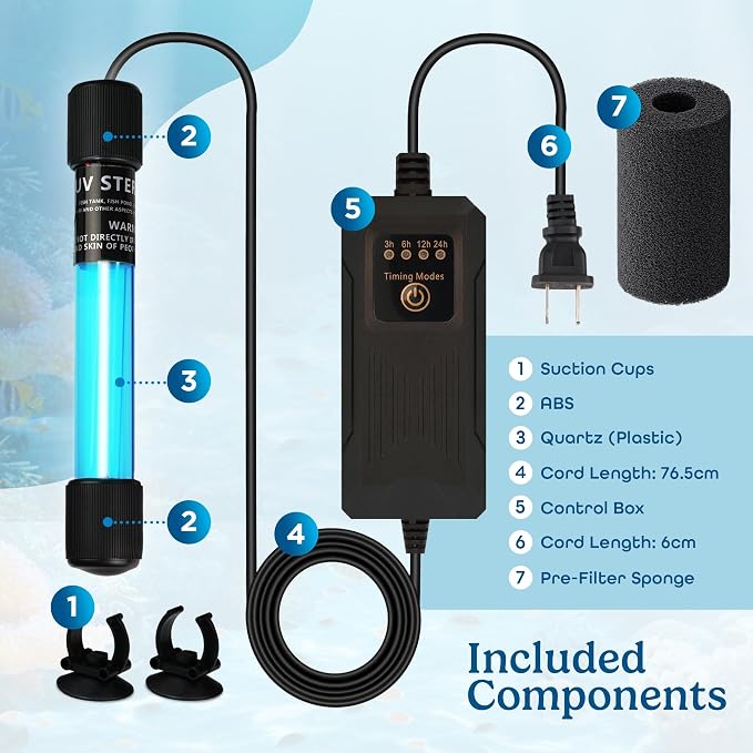 7W UV Light for Aquariums with 4 Timer Modes | UV-C Light for Sump Filters, Top & Bottom Filter Boxes, External Filter Chambers, Hang-On-Back Filters & Small Ponds – Keeps Fish Tanks Clear & Healthy