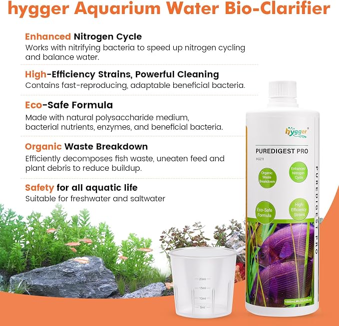 hygger Aquarium Water Bio-Clarifier, Reducing Fish Waste and Cleaning Organic Sludge, Natural Fish Tank Aquarium Leave-in Waste Management Solution for Freshwater and Saltwater Tanks, 1000 ML