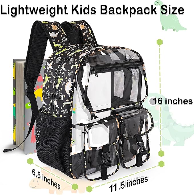 Clear Backpack for Boys, School Kids Heavy Duty See Through Bookbag Dinosaur Transparent Backpacks with Thicker Straps, Blue