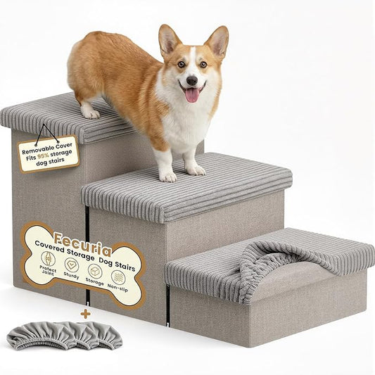 3-Step Wide Dog Stairs 18" H with Removable Cover, Non-Slip Storage Pet Steps for High Bed Couch, Pet Stairs for Small/Medium/Large Old Dogs Puppy Up to 200lbs, Cat Dog Steps for Car, Grey