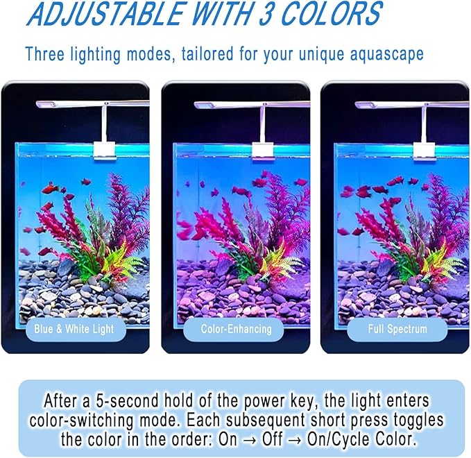 Aquarium Light Clip on Fish Tank Light Full Spectrum Plants Lights with Timer, 3 Colors Mode, 360° Adjustable 2 Light Bar, Led Aquarium Lamp Suitable for 10-18 Inch Fish Tank