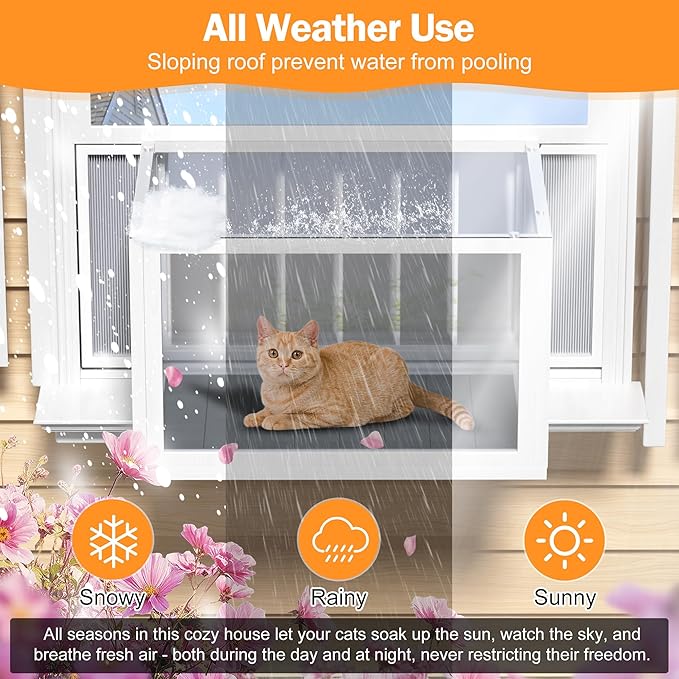 Cat Window Box Catio, Outdoor Indoor Cat Enclosure with Clear Panels, Mesh Sides & PVC Curtain, Universal Window Perch for Windows 25"–43", Window Catio for Sunbathing, Napping & Overlooking,Grey