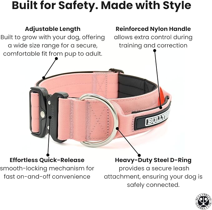 Heavy Duty Dog Collar, Tactical Dog Collar, Dog Collar for Large Dogs, Waterproof Dog Collar, Dog Training Collar, Quick-Release Metal Buckle, Adjustable Sizes – BULLYBREED (Light Pink, Large)