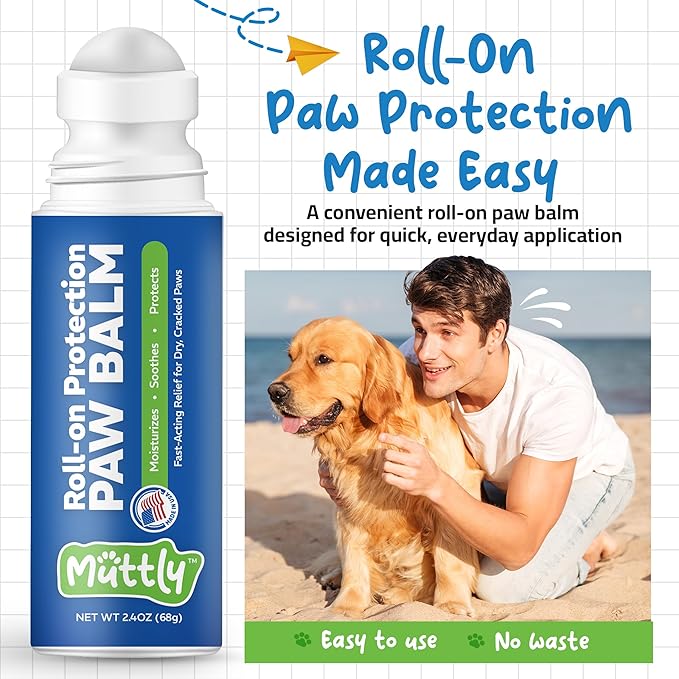 Roll-On Dog Paw Balm - Moisturizer & Soothing Protection from Snow & Hot Pavements - Snout Soother for Dogs - Easy & Fast to Apply, Natural, Non-Toxic, Food-Grade, Lick-Safe Wax