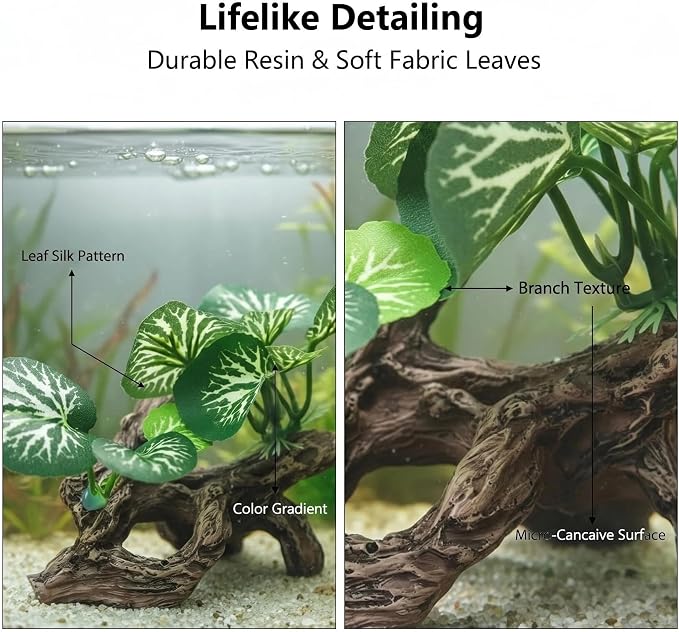 Aquarium Driftwood Decor 4 Inch - Resin Driftwood with Silk Plant Leaves, Fish Tank Decoration for Betta, African Dwarf Frog, Shrimp Hideout
