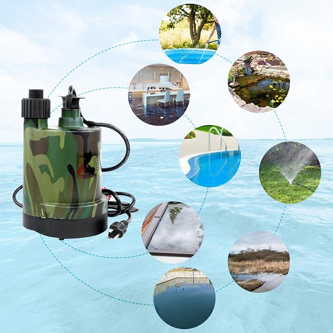 TIGEROAR 120V Submersible Pump 1/4 HP Water Transfer Pump 1800 GPH | Electric Pond Pool Pump Utility Pump with 10 ft. Cord Anticorrosive Plastic Housing and Hose Adapter for Transferring Water
