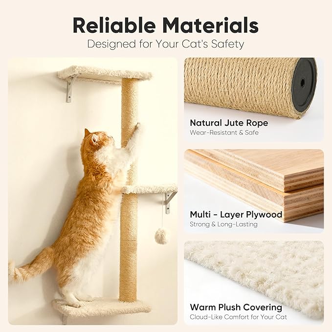 FUKUMARU Cat Wall Shelves, Stable & Safe 5 in 1 Cat Walls Furniture Set, Wooden Kitten Climbing Wall with Scratching Post for 16 Inch Drywall - Beige