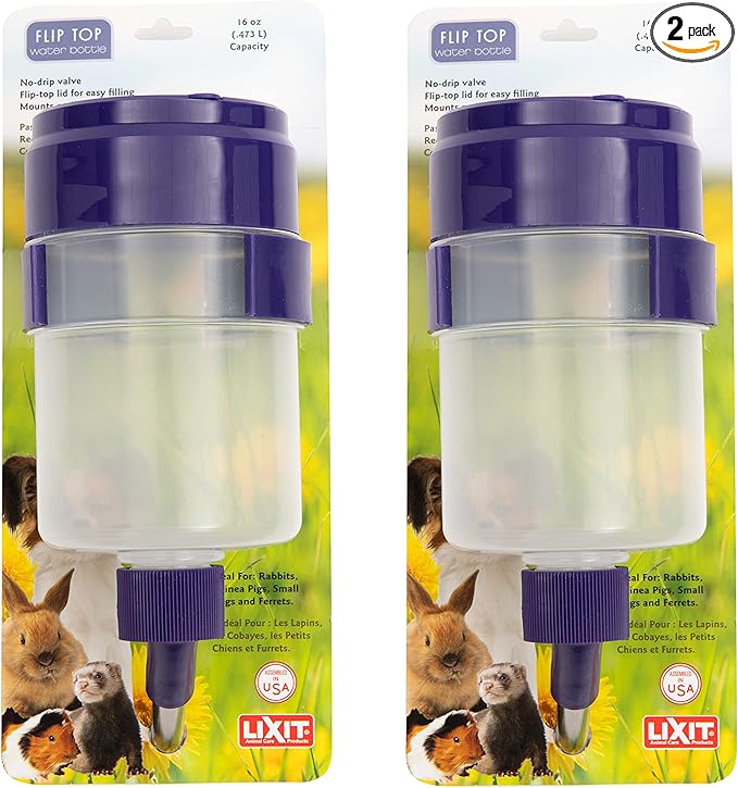 Lixit® Lever Valve Top Fill No Drip Water Bottles for Rabbits, Chinchillas, Ferrets, Guinea Pigs and Adult Rats (Purple (Pack of 2), 16 Ounce)