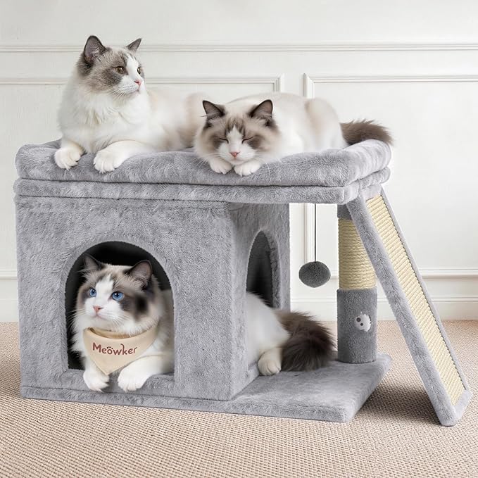 Cat Tree Tower Bed with Scratching Post for Indoor, Heavy Duty Small Stand House Condo for Large Cats & Kittens, Platform Perch Hideout Climb Rest Area, Modern Sturdy Furniture, Light Gray