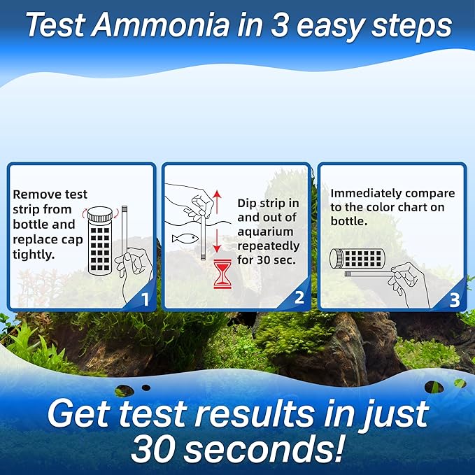 Ammonia Test Strips for Freshwater & Saltwater Fish Tank - Testing Strips for Fresh & Salt Water Aquarium - Lab Grade Water Tester Kit - 100 Count