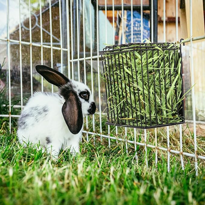 New Upgraded Rabbit Hay Feeder,Comes with Lid to Prevent Critters from Jumping in,Metal Frame Hay Rack with Adjustable Hook,for Rabbits Guinea Pigs Bunny Chinchillas Small Animals (Black)