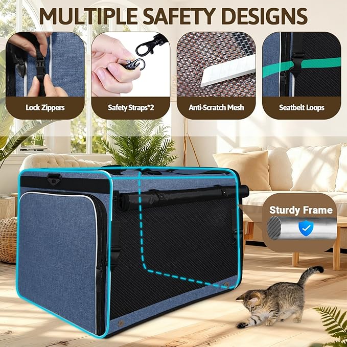 Petskd Side Expandable Extra Large Cat Car Carrier with Collapsible Litter Box for Long Distance Travel,24"x17"x17" Portable Soft Sided Pet Carrier with Roller Shades for 2 Cats Up to 55LBS(Blue)
