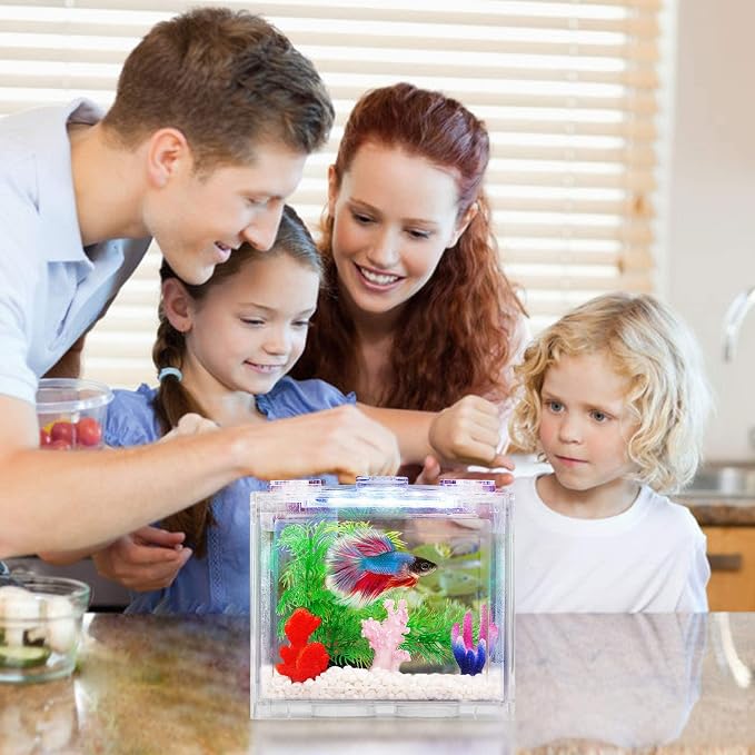 Oltraman Small Betta Fish Tank, Aquarium Tank Kit with LED Lighting, 0.6 Gallon Stackable Fighting Fish Tank Set, Fish Bowl Accessories for Turtle Reptile Shrimp Crab Insects as Decoration