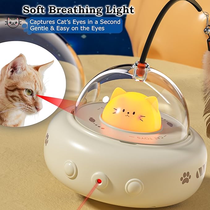 hooroor 2-in-1 UFO Laser Cat Toy with Feather, Automatic Motion Smart Sensor Interactive Toy for Indoor Cats&Small Dogs, Rechargeable Obstacle-Avoidance Exercise Toy, Self-Play Pet Gift White Updated