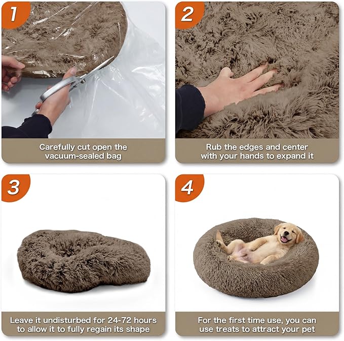 WROS Calming Dog Bed, 20" x 20" x 6" Fits Cat & Dog, Anti-Slip Round Washable Faux Fur for Doze Off, Napping Orthopedic, Khaki