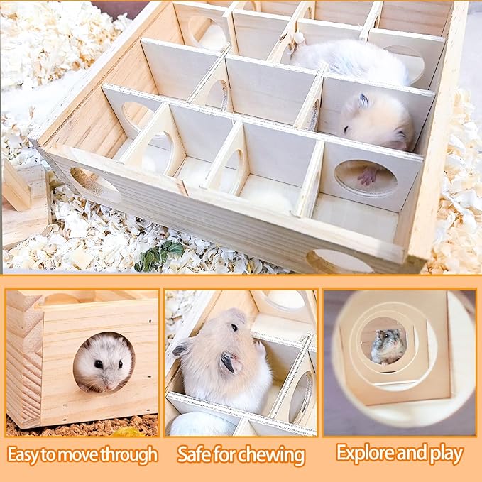kathson Wooden Hamster Maze House with Transparent Cover,Multi-Chamber Syrian Hamster Hideout Hut,Gerbil Tunnel Exploring Toys Maze Hiding for Dwarf Hamsters,Mice,Small Animals