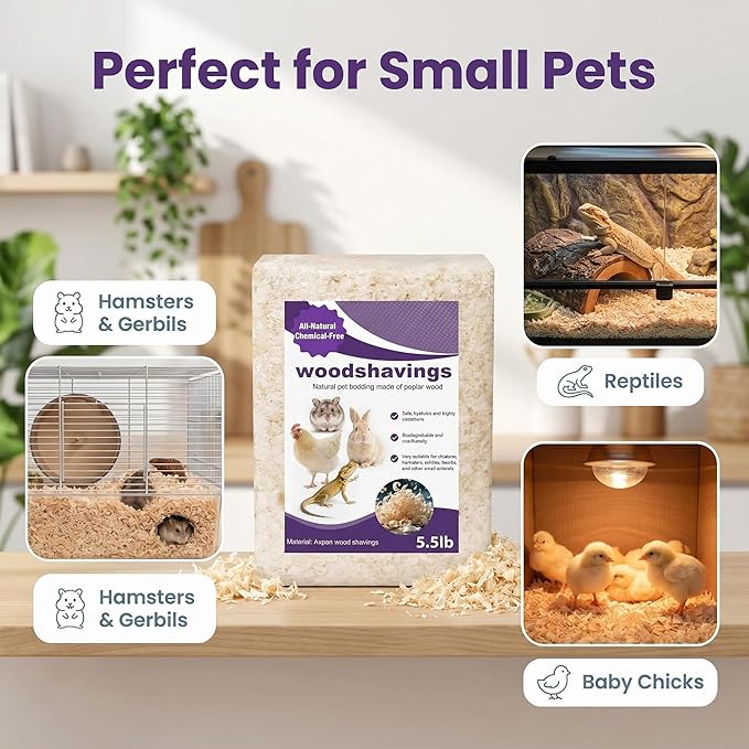 Natural Aspen Shavings Pet Bedding 5.5 Lb, Low-Dust & Chemical-Free, Ultra-Absorbent Cage Litter for Hamsters, Rabbits, Gerbils & Small Animals, Biodegradable Wood Shavings（70L Before Compression）