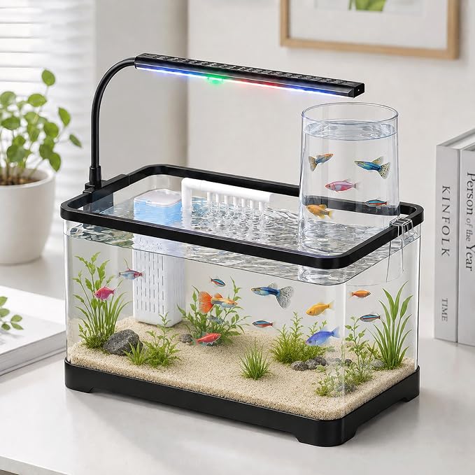 3 Gallon Betta Fish Tank Starter Kit - Negative Pressure Acrylic Aquarium | Desktop Small Aquarium with 3-Color LED Light, Quiet Water Pump Filter, Blue Sand & Net for Guppies, Goldfish & Small Fish