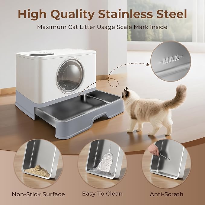 XXXL Stainless Steel Litter Box with Lid, Front Entry Top Exit, Extra Large Metal Cat Litter Box with Drawer, Maine Coon Cats, with Litter Scoop & Litter Mat, Anti-Odor, Anti-Leakage & Non-Stick