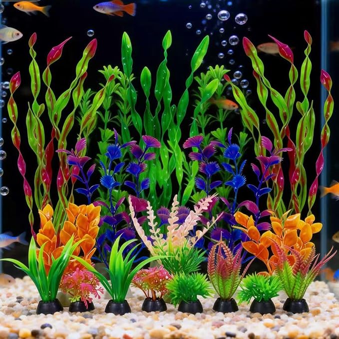 Artificial Aquarium Plants Set, Plastic Fish Tank Decorations, Fish Tank Decor for Betta Goldfish (18pcs-Colorful)