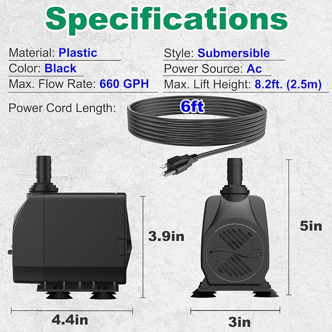Submersible Water Pump, Ultra Quiet 660GPH Fountain Pump | 8.2ft High Lift Over Heating Protection, Water Pump for Fish Tank, Pond, Aquarium, Hydroponics