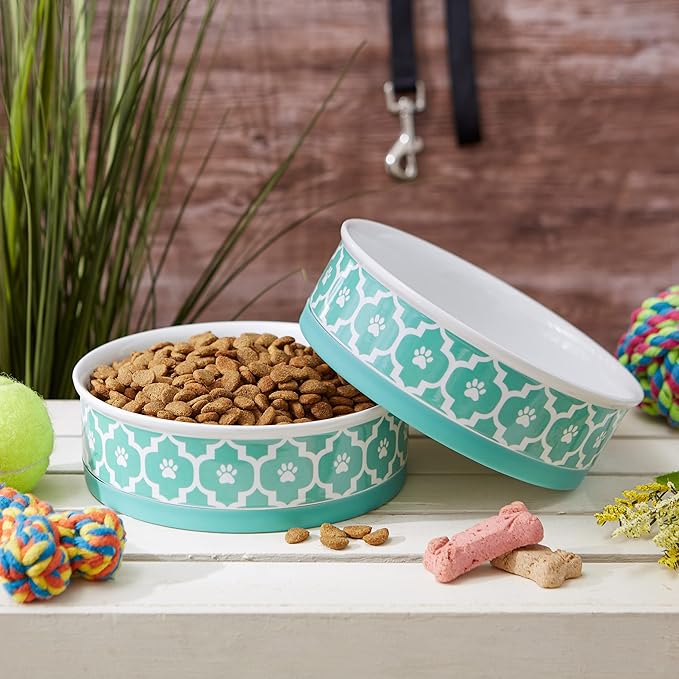 Bone Dry Paw Print Ceramic Pet Bowl, Lattice Collection, Large Set, 7.5x2.4", Aqua, 2 Count