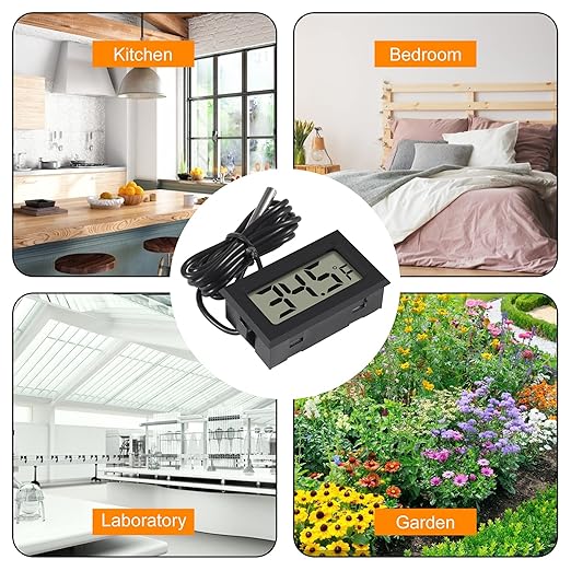 4pcs Digital LCD Thermometer, Fahrenheit Temperature Digital LCD Fridge Thermometer 1M Cable with Probe for Fridge Freezer Refrigerator Aquarium (Black, Fahrenheit)