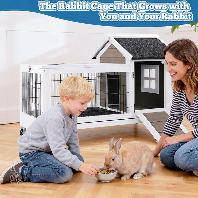 Rabbit Hutch Indoor Outdoor Weatherproof, Bunny Cage with Casters, Urine Guards, Leakproof Tray, Metal Feeder & Openable Roof, Easy Clean for Small Animals